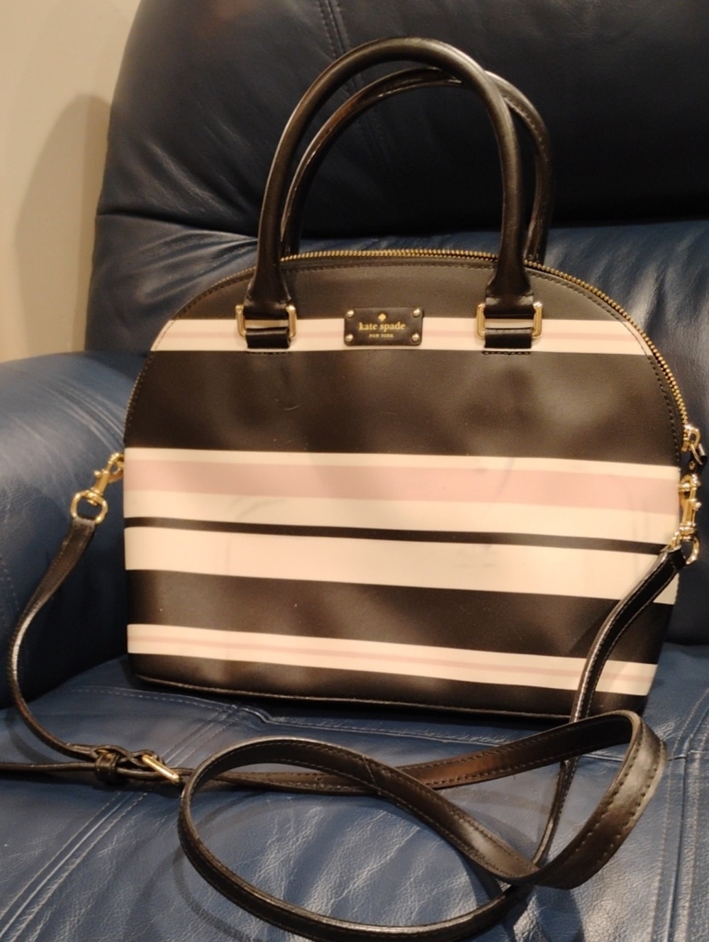 kate spade Black, Pink & White Striped Dome Satchel